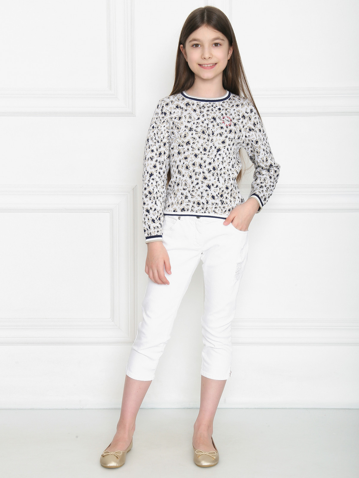 Джинсы из хлопка с эффектом потертости Ermanno Scervino Junior  –  МодельОбщийВид  – Цвет:  Белый