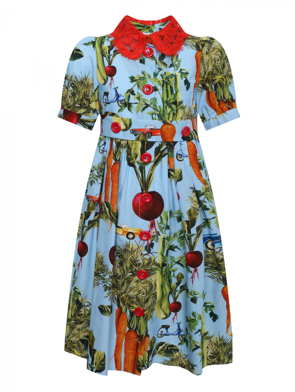 Платье из хлопка с узором и кружевной отделкой Dolce & Gabbana  –  Общий вид  – Цвет:  Синий