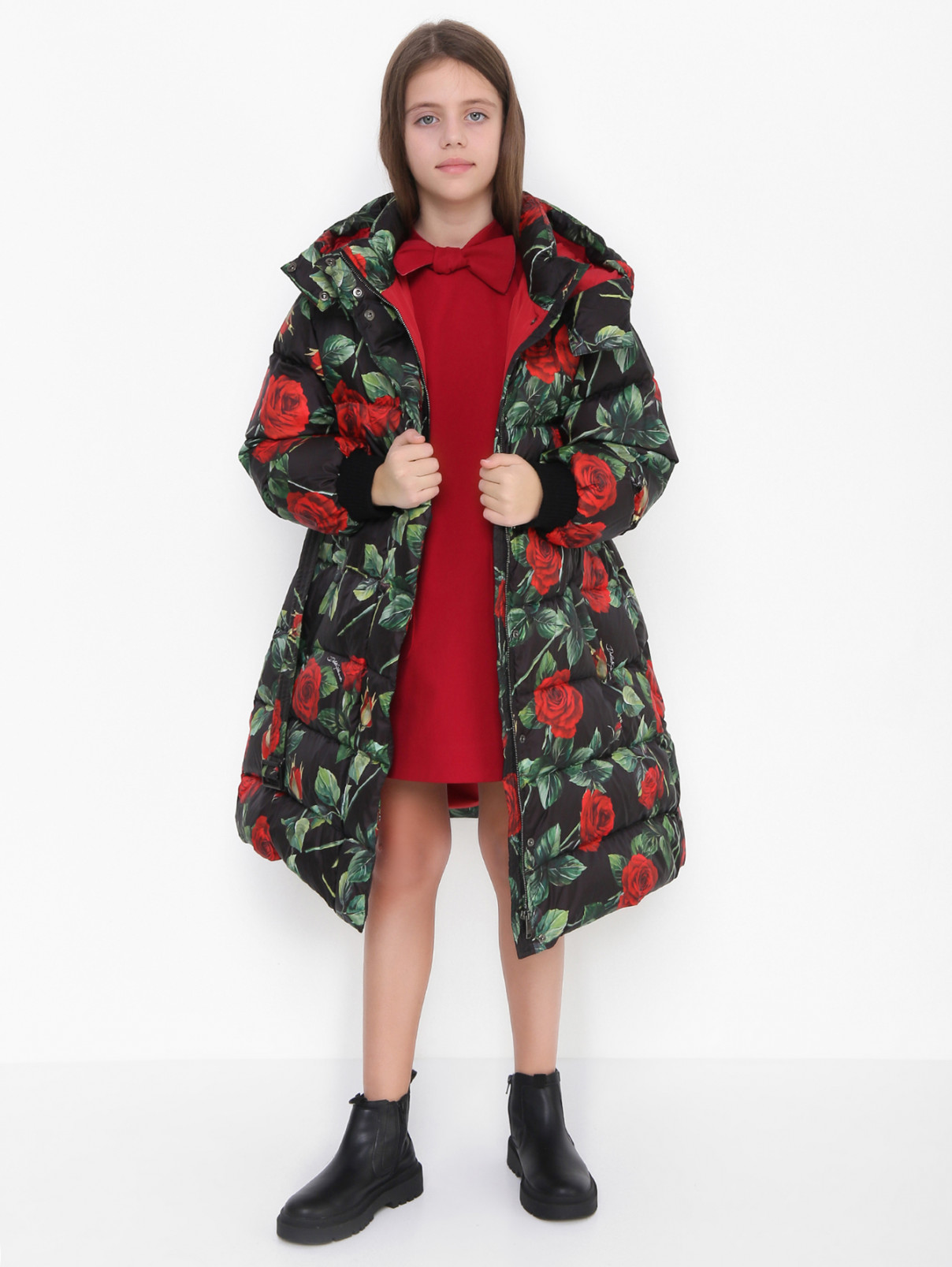 Пуховое пальто с цветочным узором Dolce & Gabbana  –  МодельОбщийВид  – Цвет:  Узор