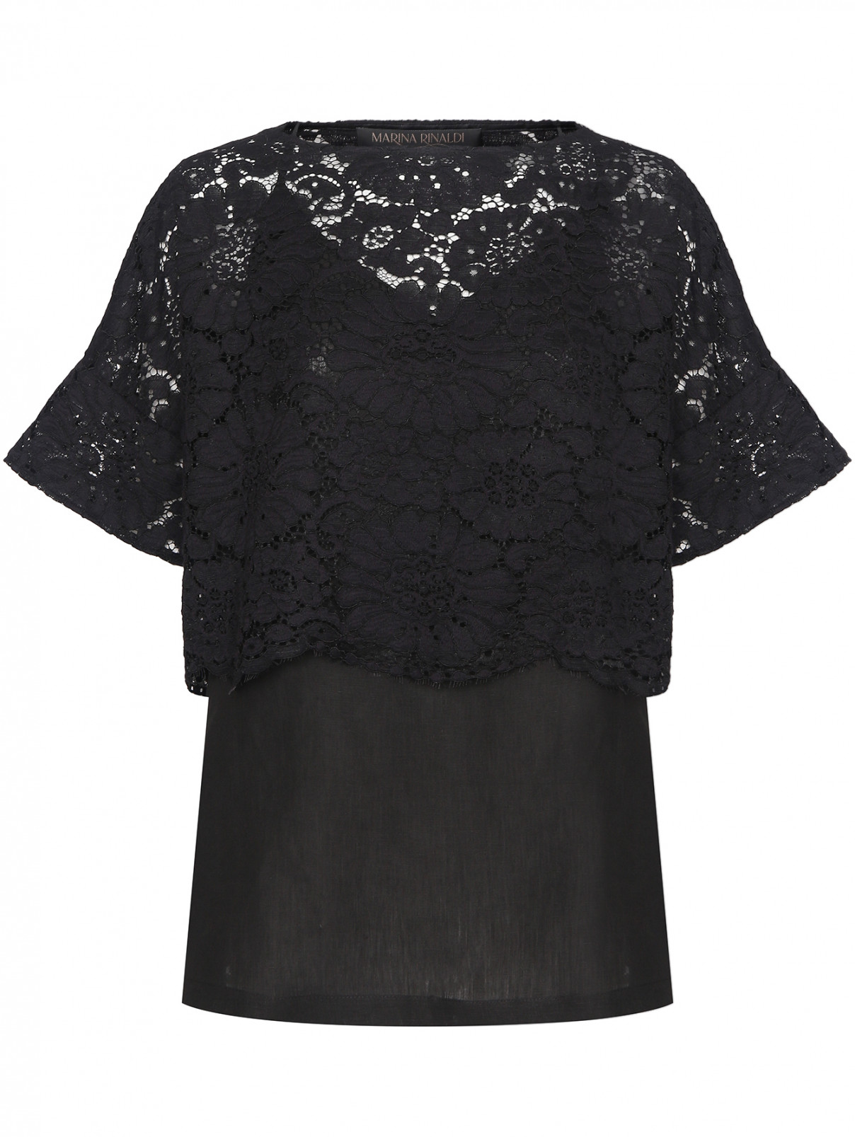 Укороченная блуза из кружева с подкладом из льна Marina Rinaldi  –  Общий вид  – Цвет:  Черный