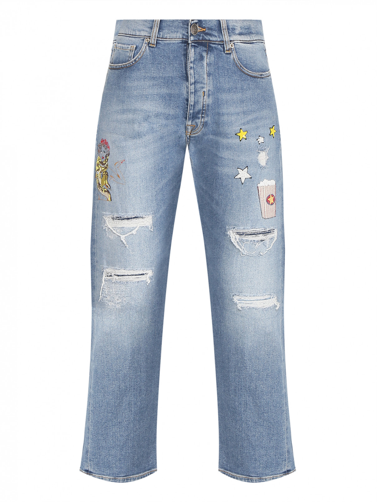 Рваные джинсы из хлопка с вышивкой Two Women in the world  –  Общий вид  – Цвет:  Синий