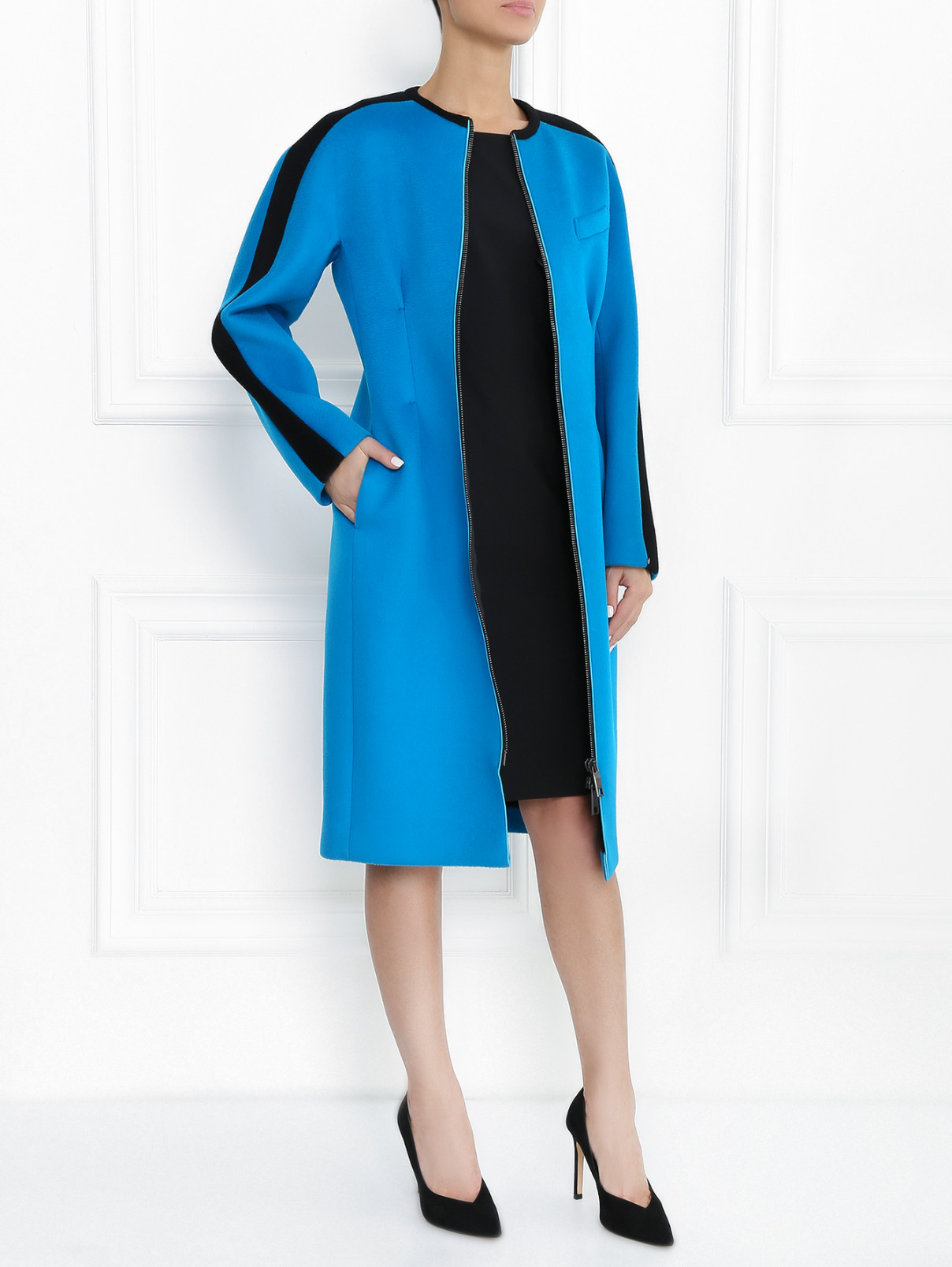 Пальто из шерсти с  контрастной отделкой Sportmax  –  Модель Общий вид  – Цвет:  Синий
