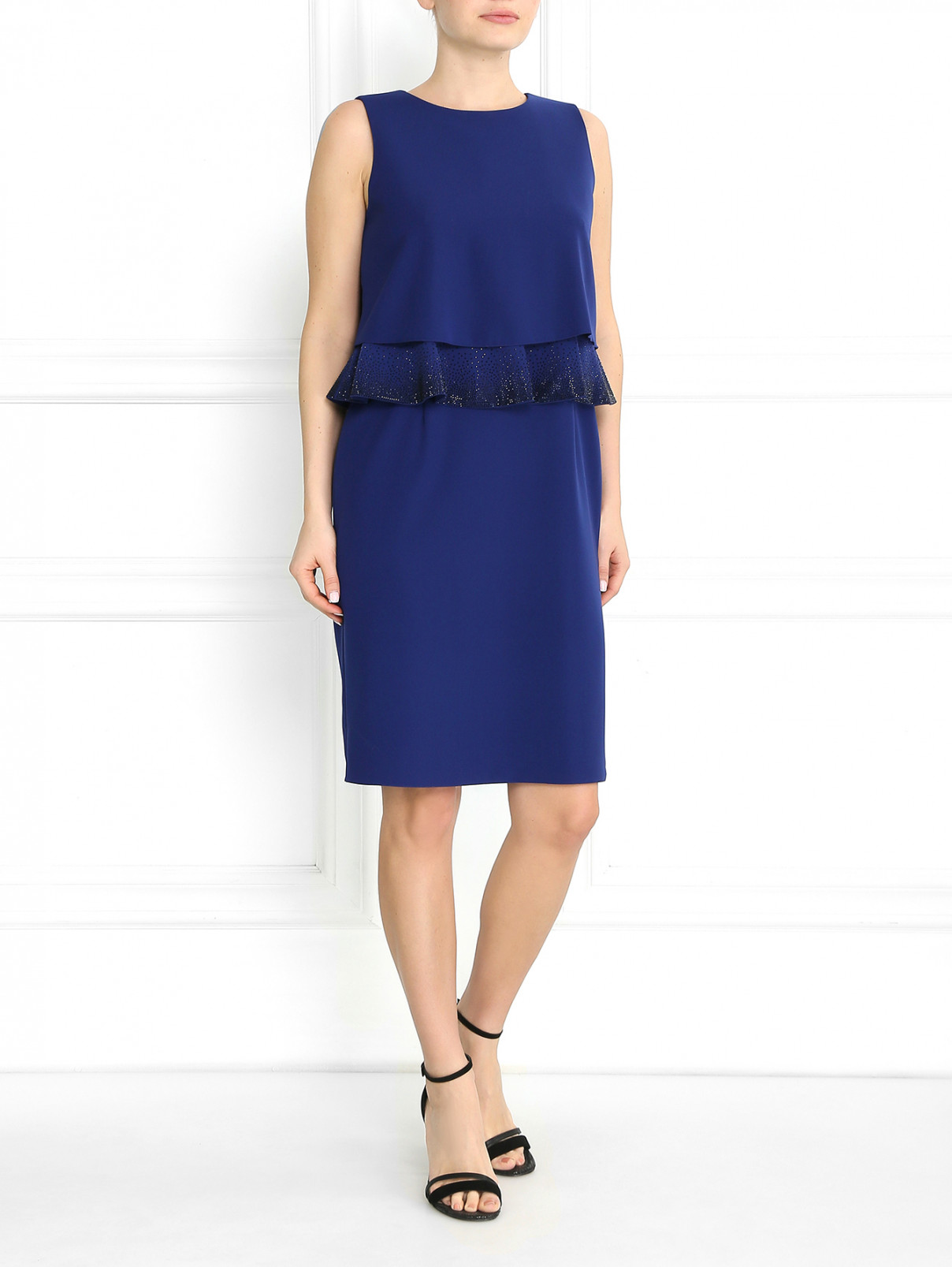 Платье с баской декорированное стразами Armani Collezioni  –  Модель Общий вид  – Цвет:  Синий