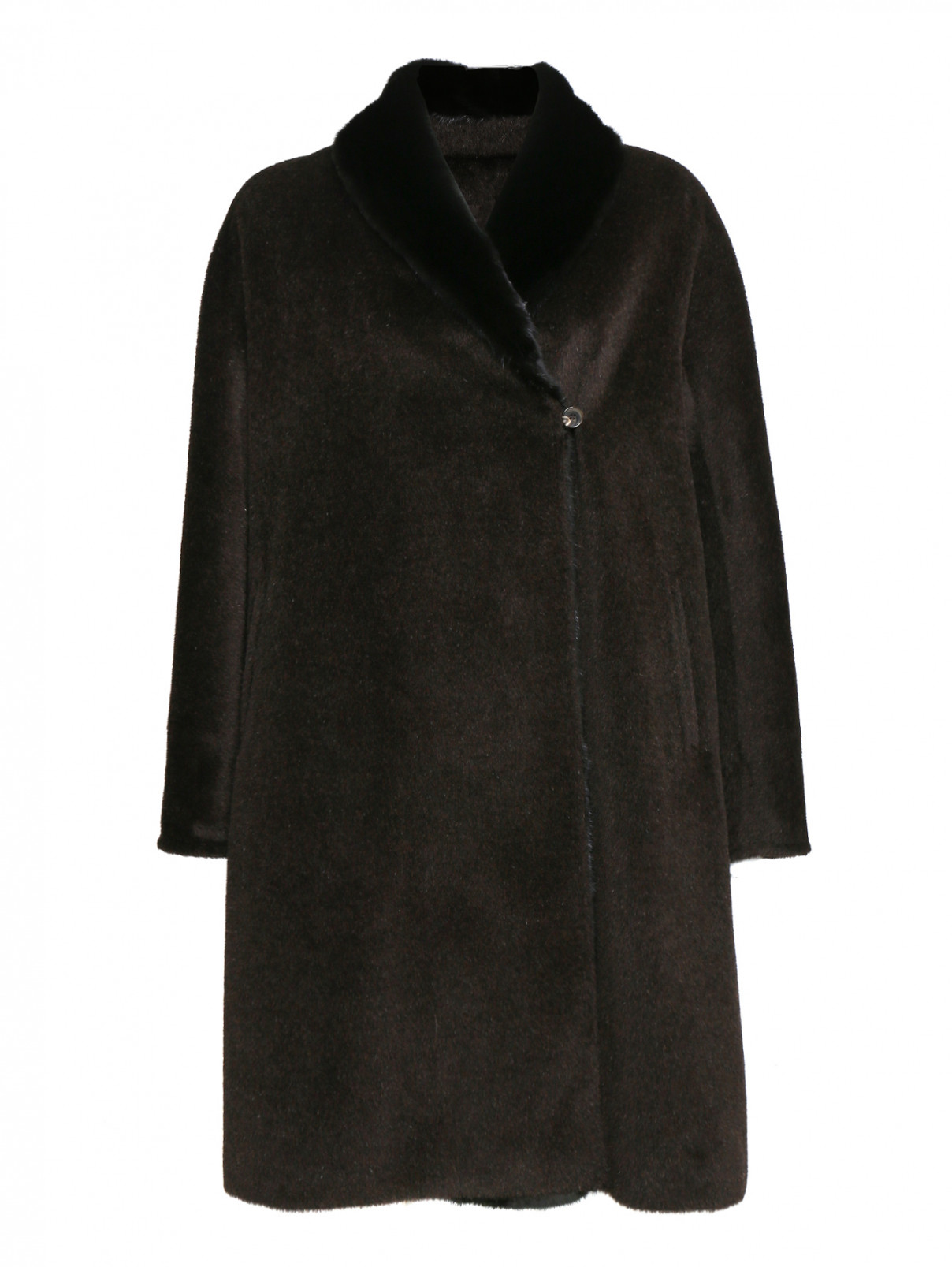 Пальто из шерсти, декорированное мехом норки Marina Rinaldi  –  Общий вид  – Цвет:  Коричневый