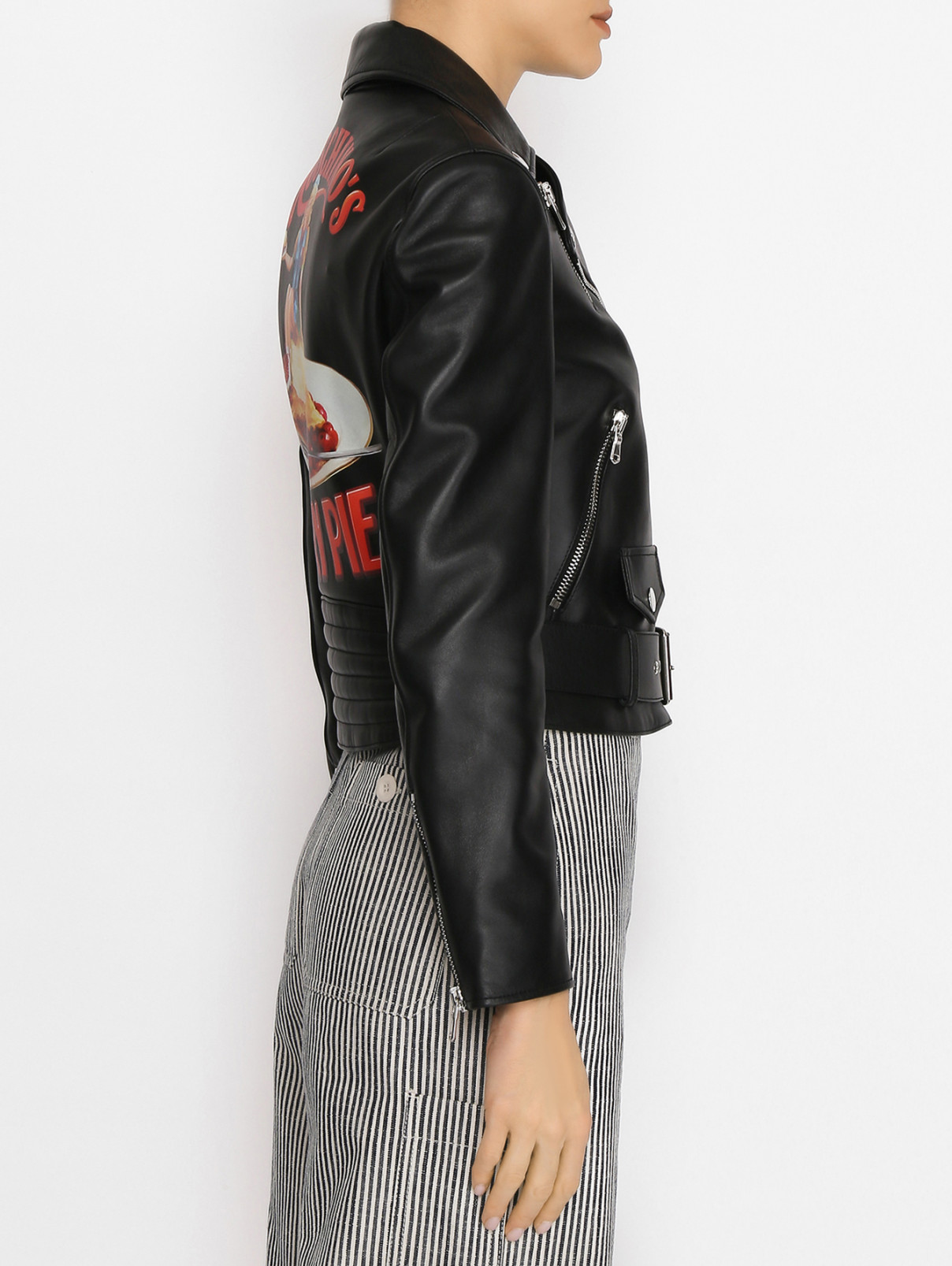 Кожаная куртка на молнии с принтом Moschino  –  МодельВерхНиз2  – Цвет:  Черный