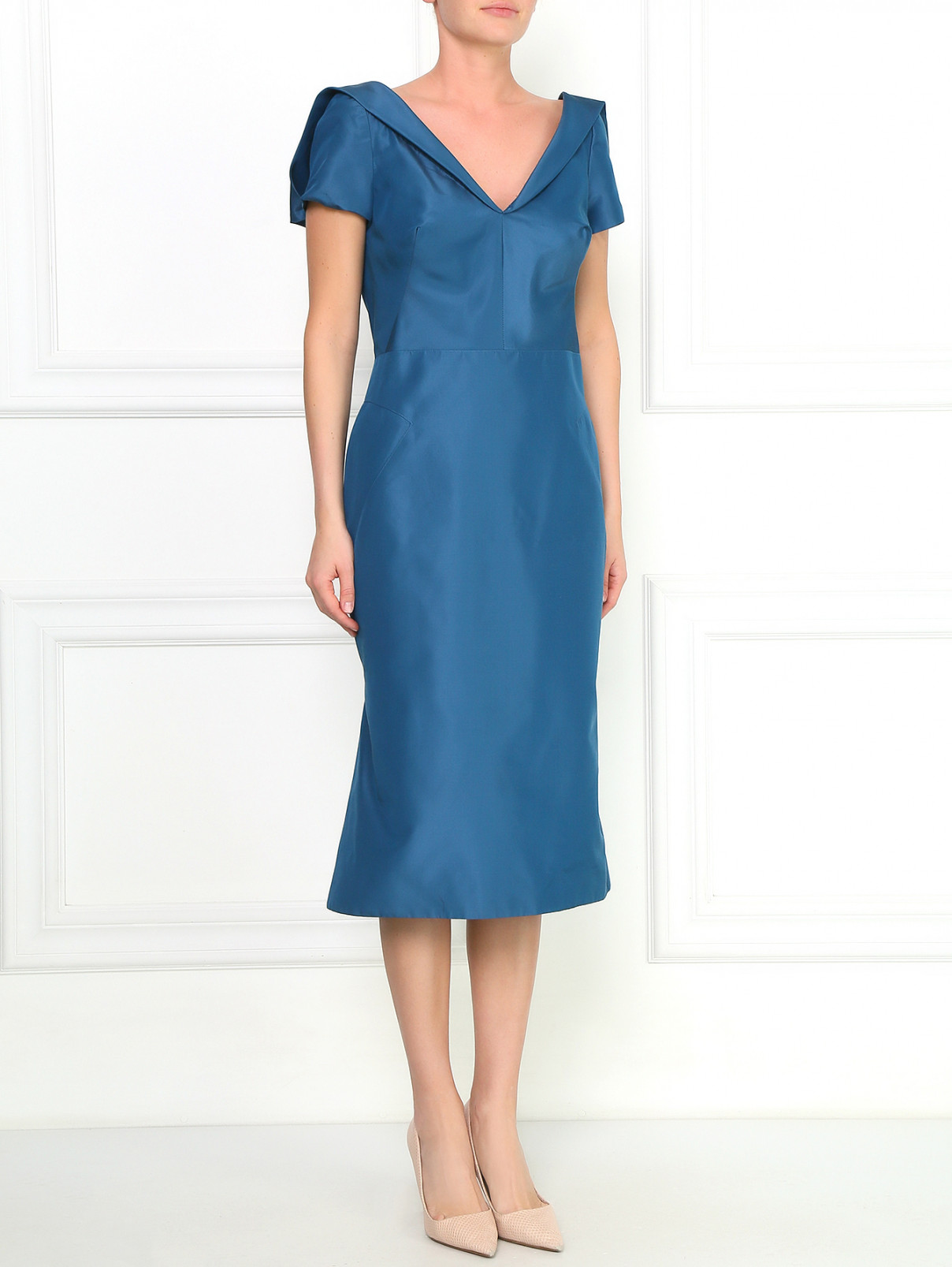 Платье-миди из шелка с V-образным вырезом Zac Posen  –  Модель Общий вид  – Цвет:  Синий