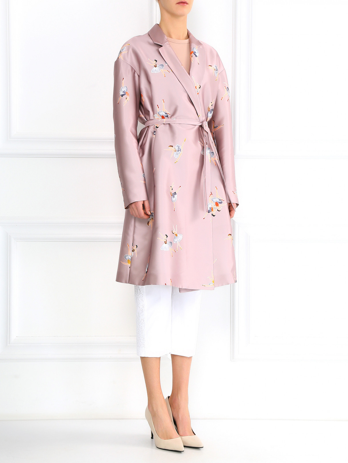 Пальто из смешанного шелка с узором и поясом Rochas  –  Модель Общий вид  – Цвет:  Розовый