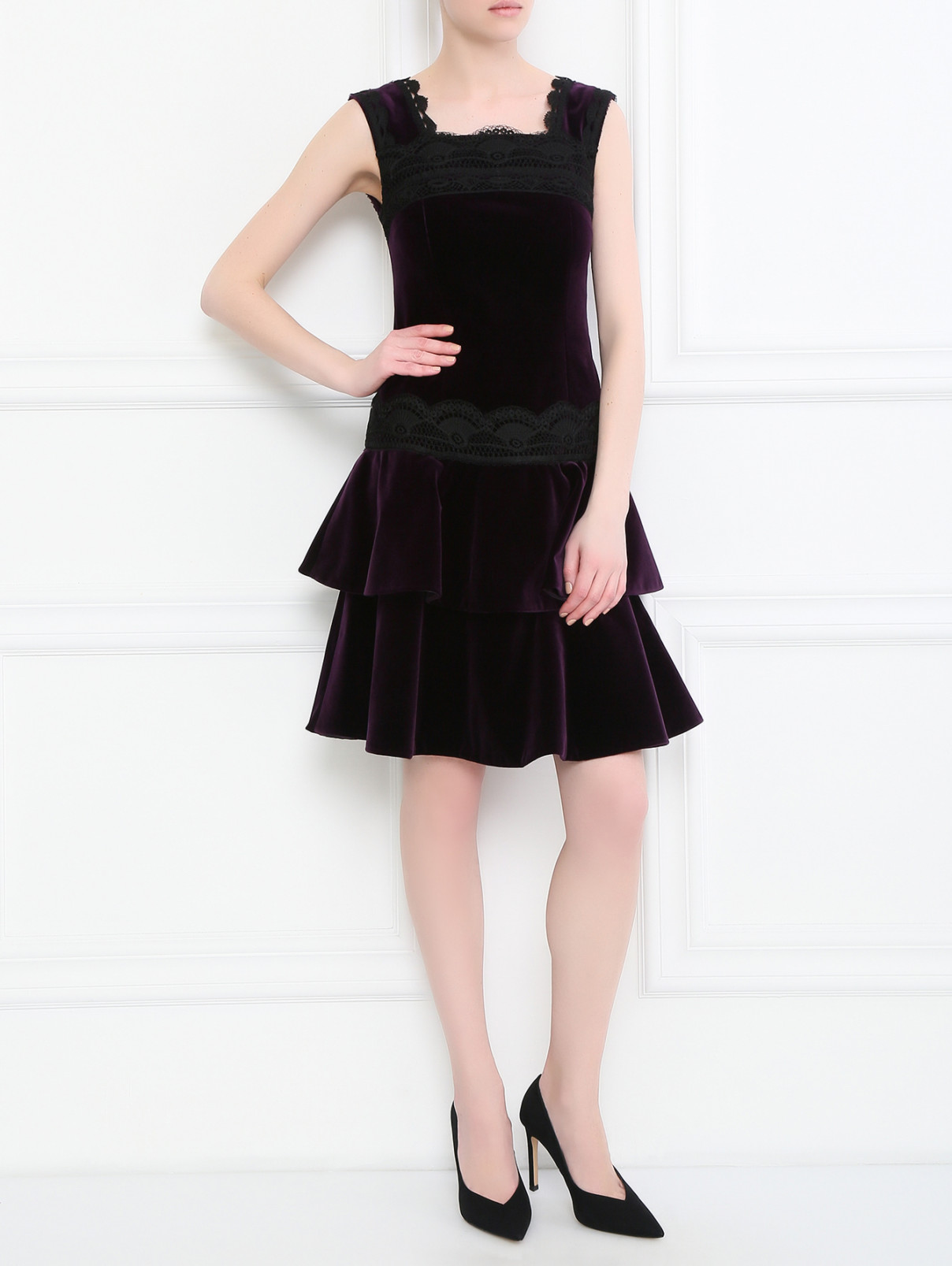 Бархатное платье с кружевной вставкой Alberta Ferretti  –  Модель Общий вид  – Цвет:  Фиолетовый