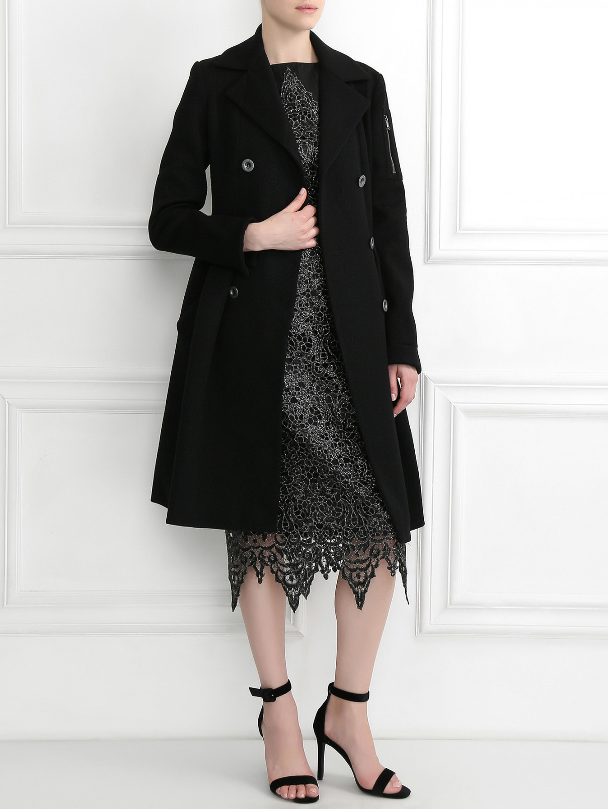 Приталенное двубортное пальто из шерсти Moschino Couture  –  Модель Общий вид  – Цвет:  Черный