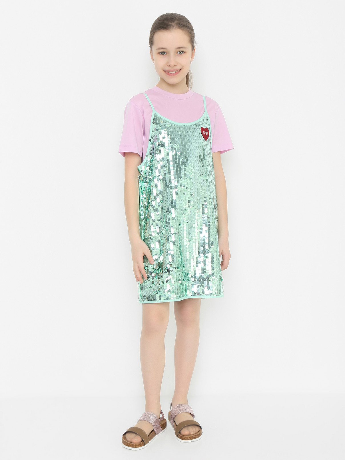 Двойное платье из хлопка и пайеток N21  –  МодельОбщийВид  – Цвет:  Розовый
