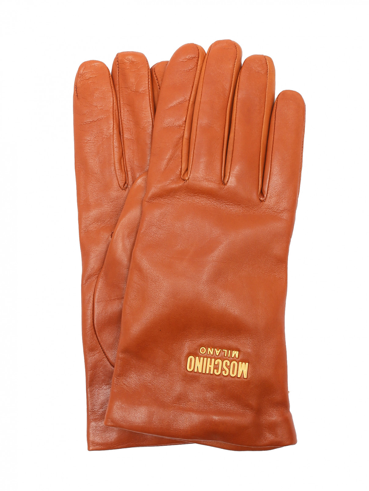 Перчатки из кожи с логотипом Moschino  –  Общий вид  – Цвет:  Оранжевый