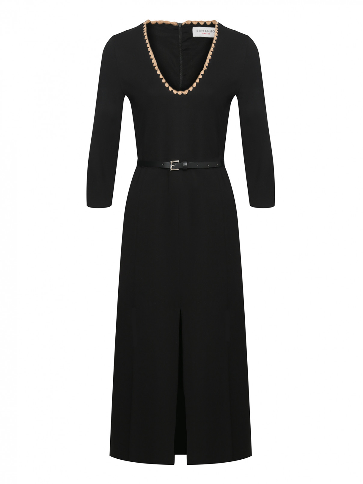Платье с V-образным вырезом и ремнем Ermanno Firenze  –  Общий вид  – Цвет:  Черный