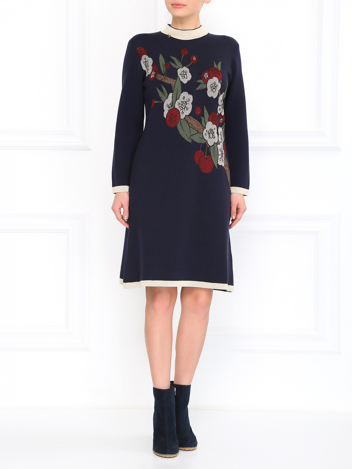 Платье из шерсти с цветочным принтом и контрастной отделкой BOSCO  –  Модель Общий вид  – Цвет:  Синий