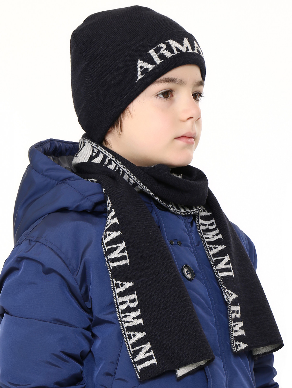 Шапка с принтом в комплекте с шарфом Armani Junior  –  Модель Общий вид  – Цвет:  Синий