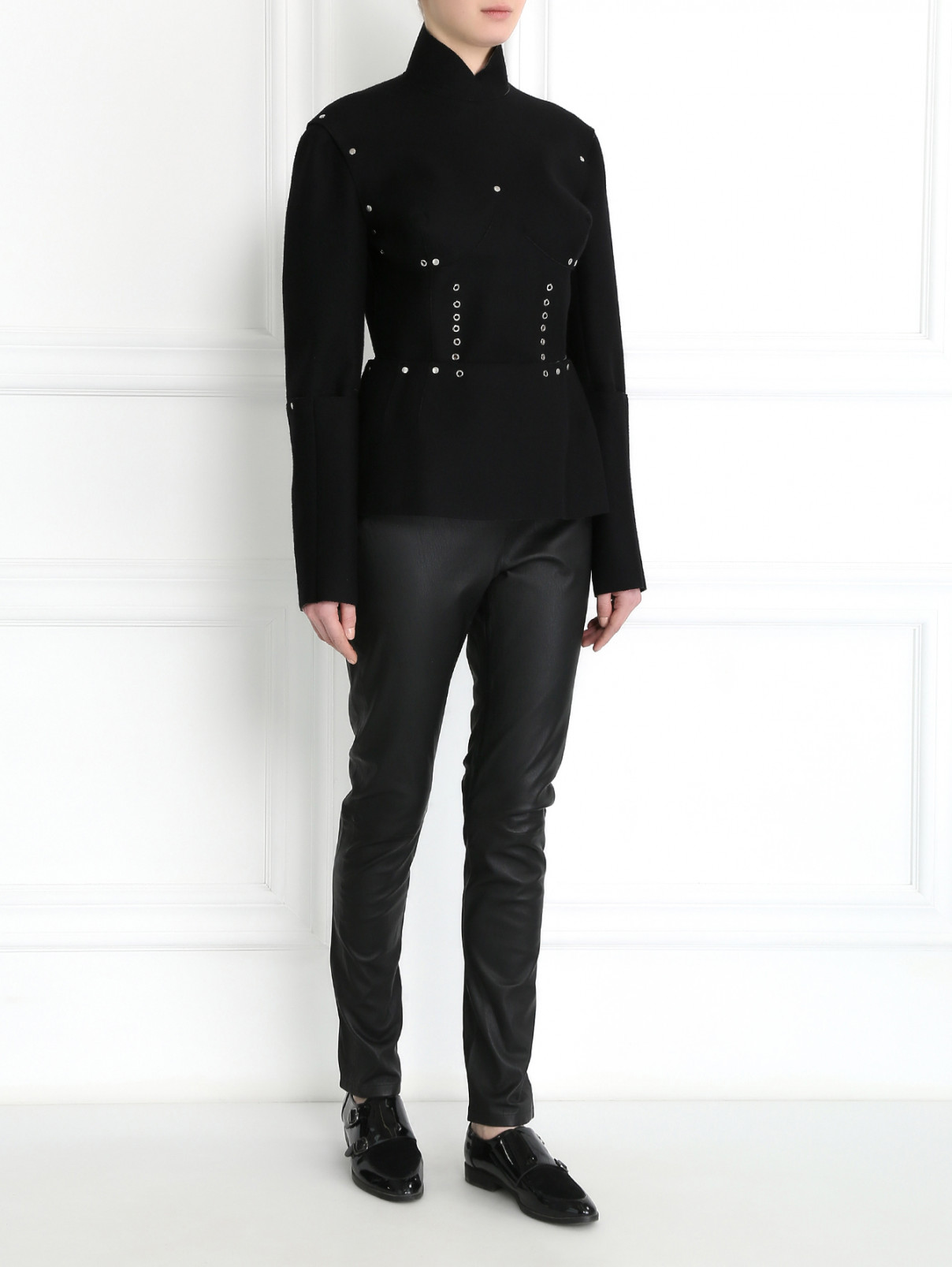 Топ из шерсти с отстегивающимися рукавами и баской Jean Paul Gaultier  –  Модель Общий вид  – Цвет:  Черный