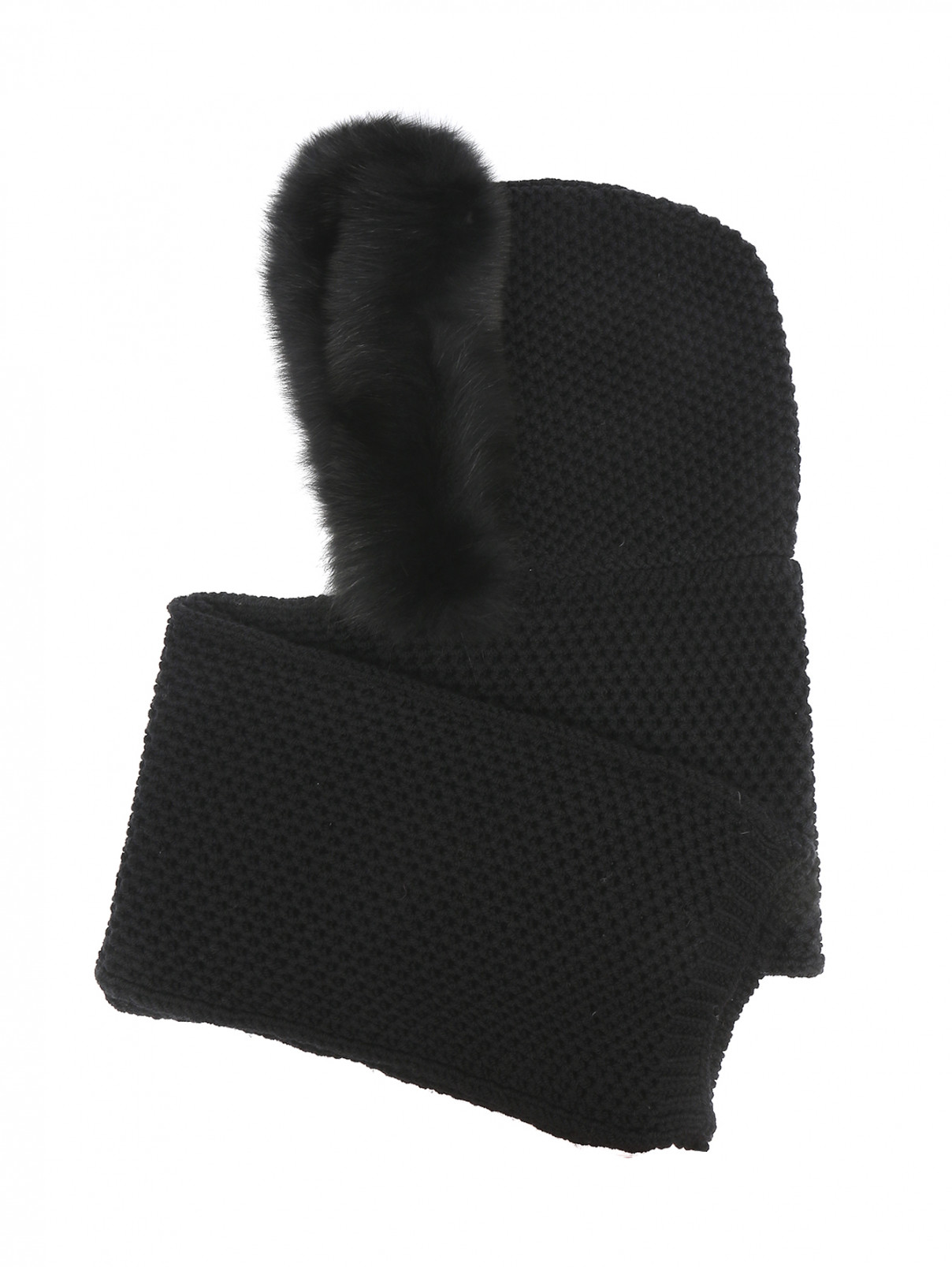 Шарф из шерсти с капюшоном и меховой отделкой Max Mara  –  Общий вид  – Цвет:  Черный