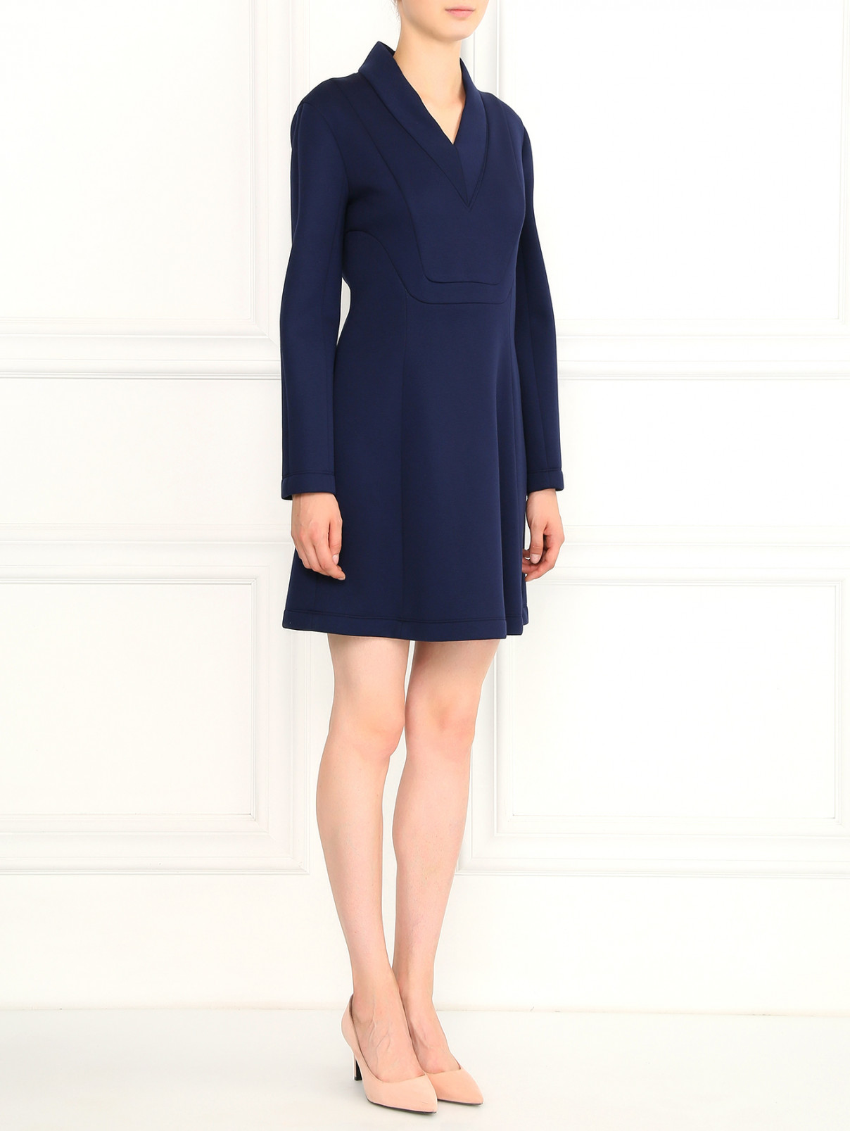 Платье-мини с V-образным вырезом Cedric Charlier  –  Модель Общий вид  – Цвет:  Синий
