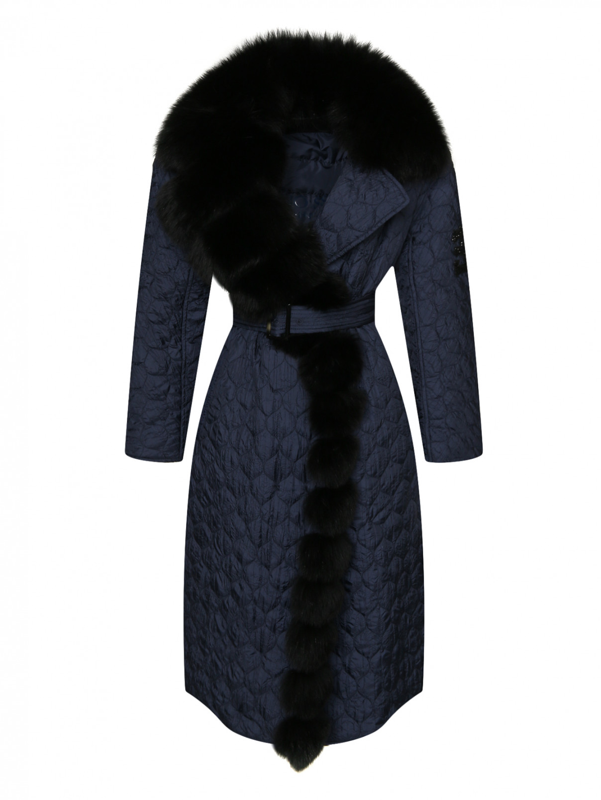 Пальто пуховое с поясом с меховой оторочкой на воротнике Ermanno Scervino  –  Общий вид  – Цвет:  Синий