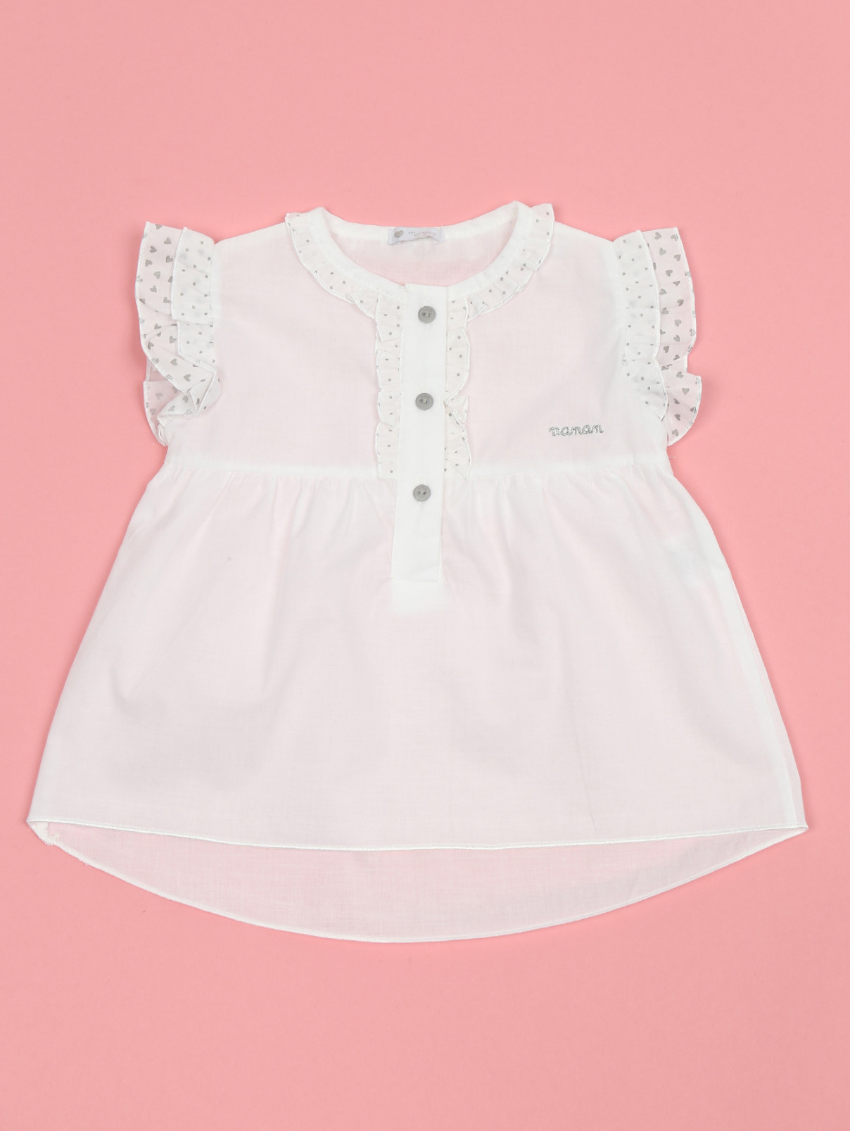 Блуза из хлопка декорированная рюшами Nanan  –  Общий вид  – Цвет:  Белый