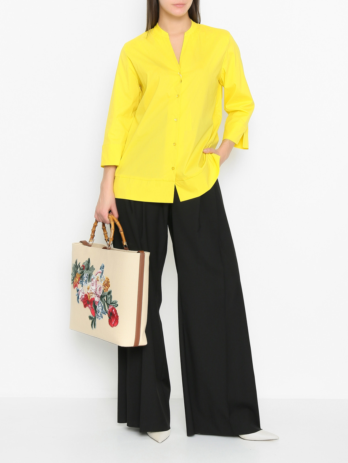 Рубашка из смешанного хлопка на пуговицах Marina Rinaldi  –  МодельОбщийВид  – Цвет:  Желтый