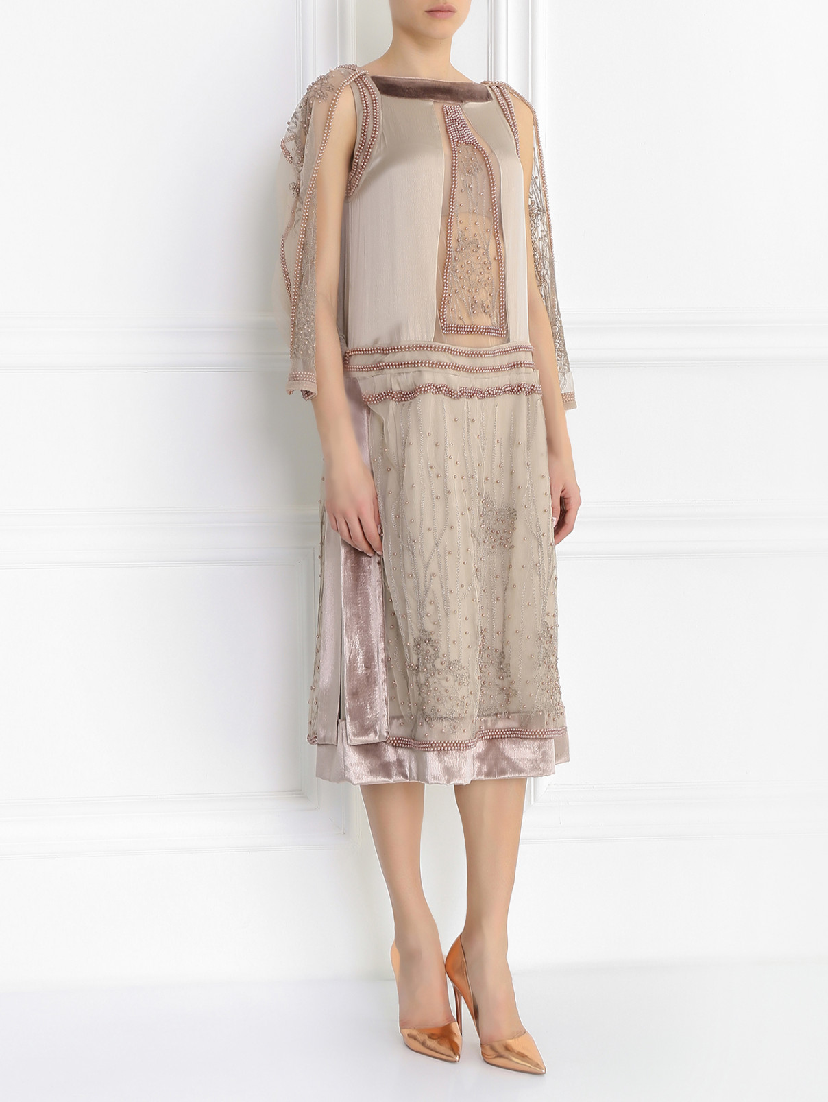 Платье-миди из шелка с декоративной отделкой Antonio Marras  –  Модель Общий вид  – Цвет:  Бежевый