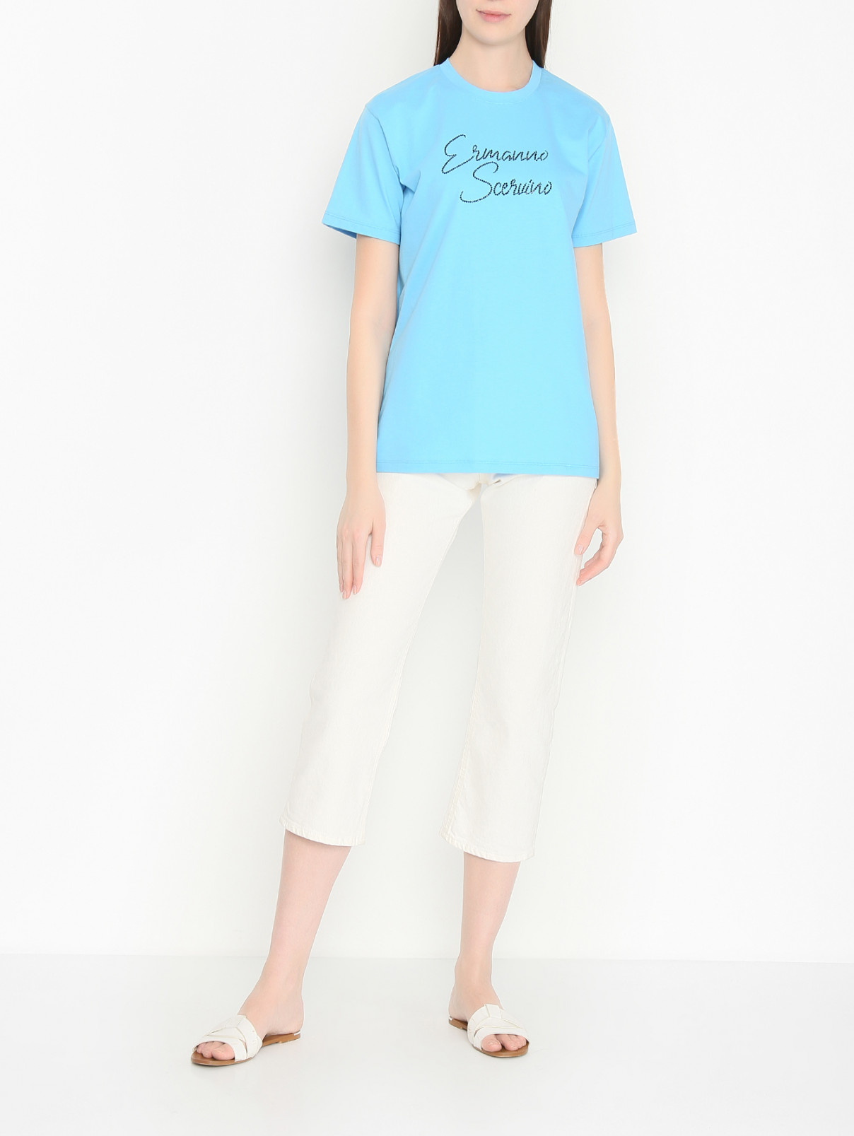 Футболка из хлопка с логотипом Ermanno Scervino  –  МодельОбщийВид  – Цвет:  Синий