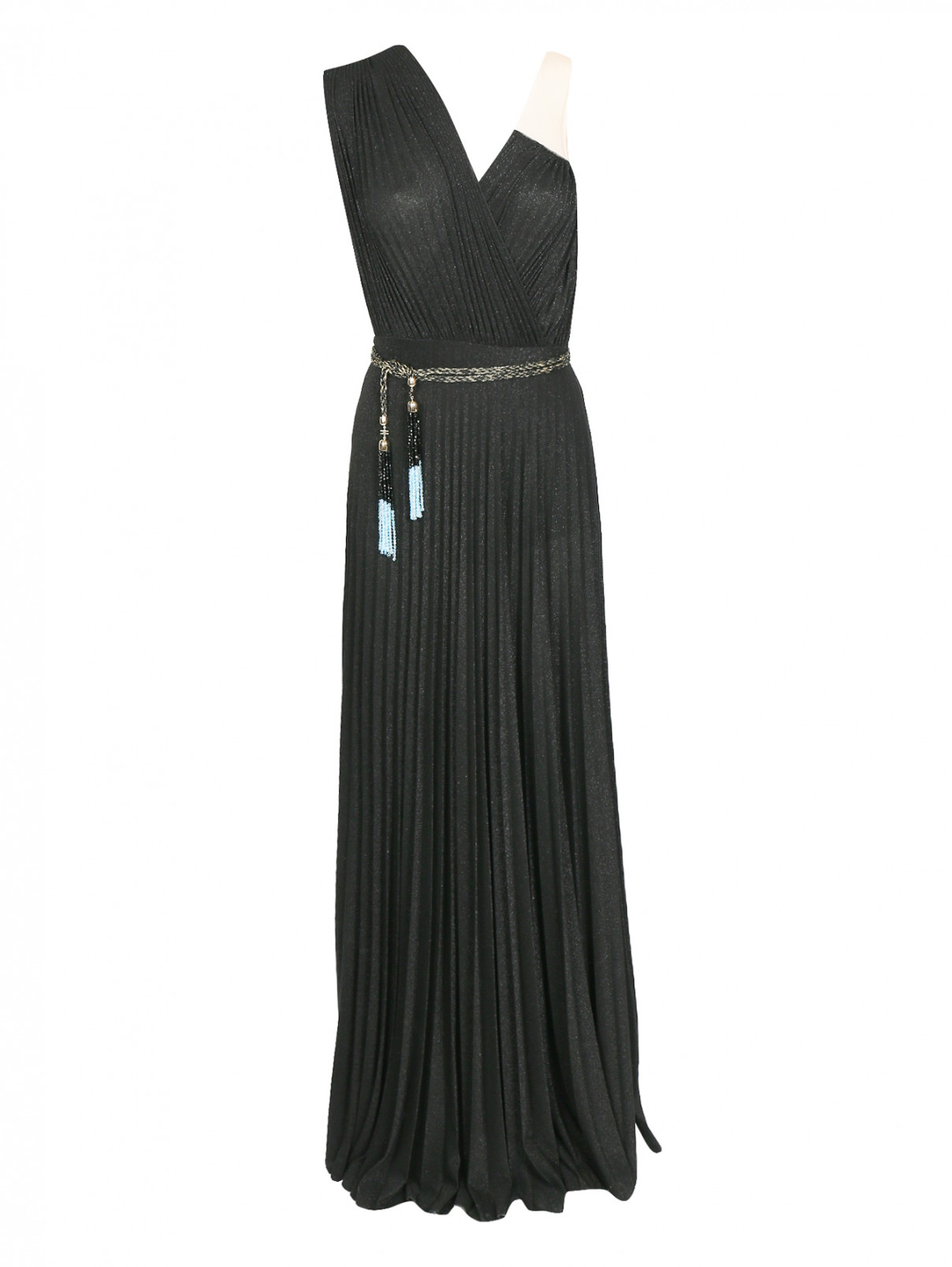 Платье-макси асимметричного кроя с разрезом Elisabetta Franchi  –  Общий вид  – Цвет:  Черный