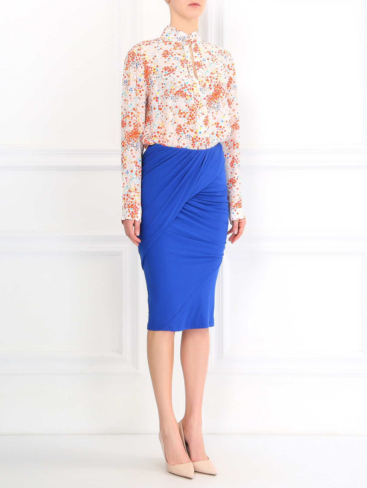 Трикотажная юбка-карандаш с драпировкой Donna Karan  –  Модель Общий вид  – Цвет:  Синий