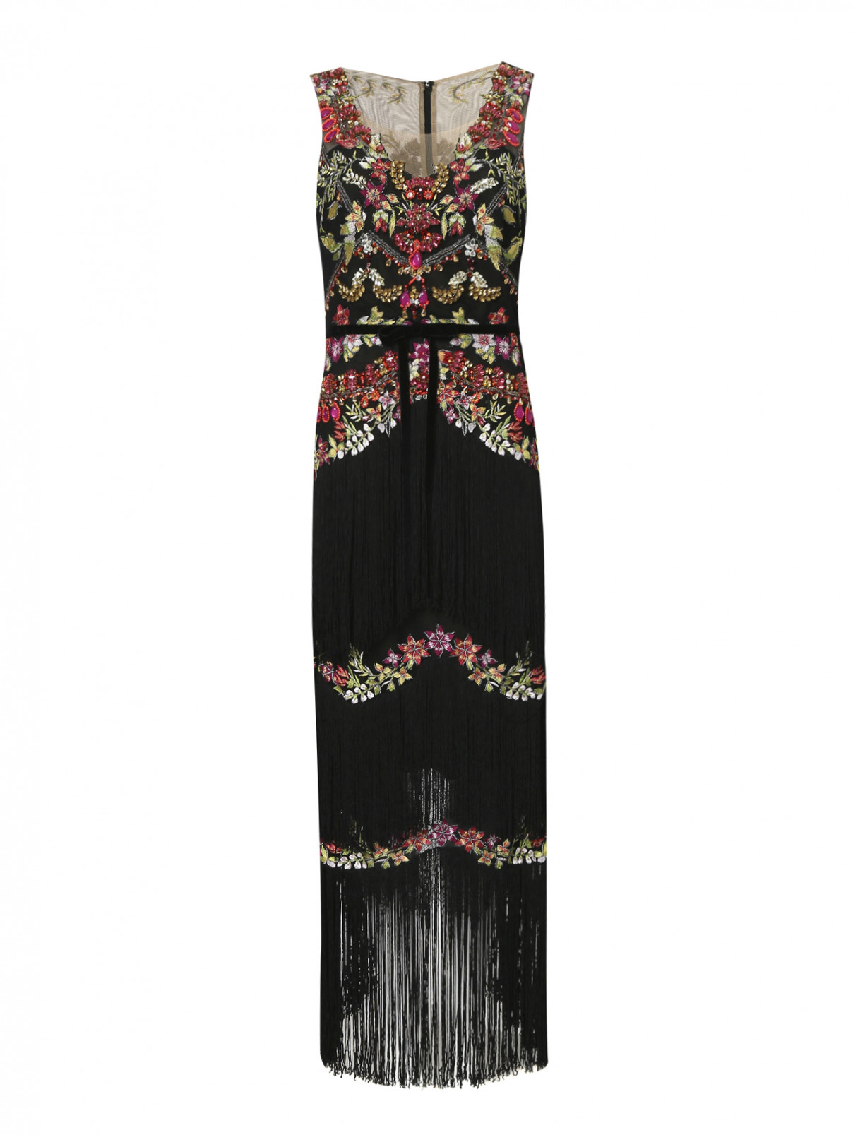 Платье-макси с декоративной вышивкой и бахромой Marchesa  –  Общий вид  – Цвет:  Мультиколор