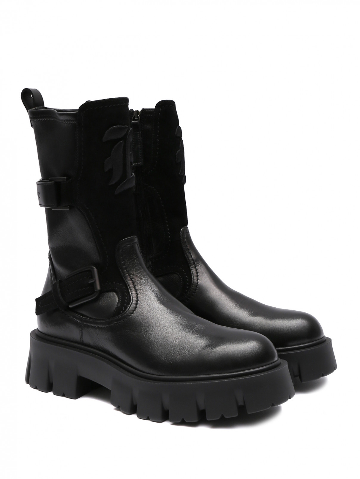 Комбинированные ботинки из кожи на грубой подошве Ermanno Scervino  –  Общий вид  – Цвет:  Черный