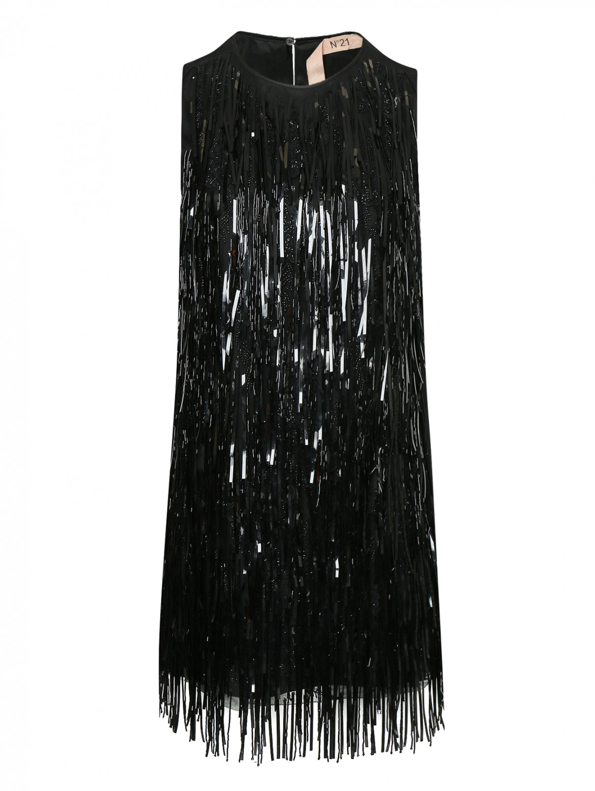 Платье-мини из шелка декорированное бахромой N21  –  Общий вид  – Цвет:  Черный