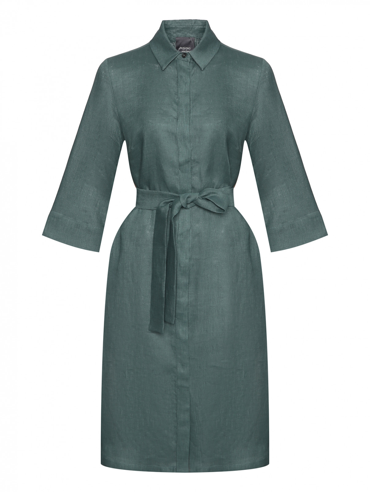 Платье из льна с поясом Persona by Marina Rinaldi  –  Общий вид  – Цвет:  Зеленый