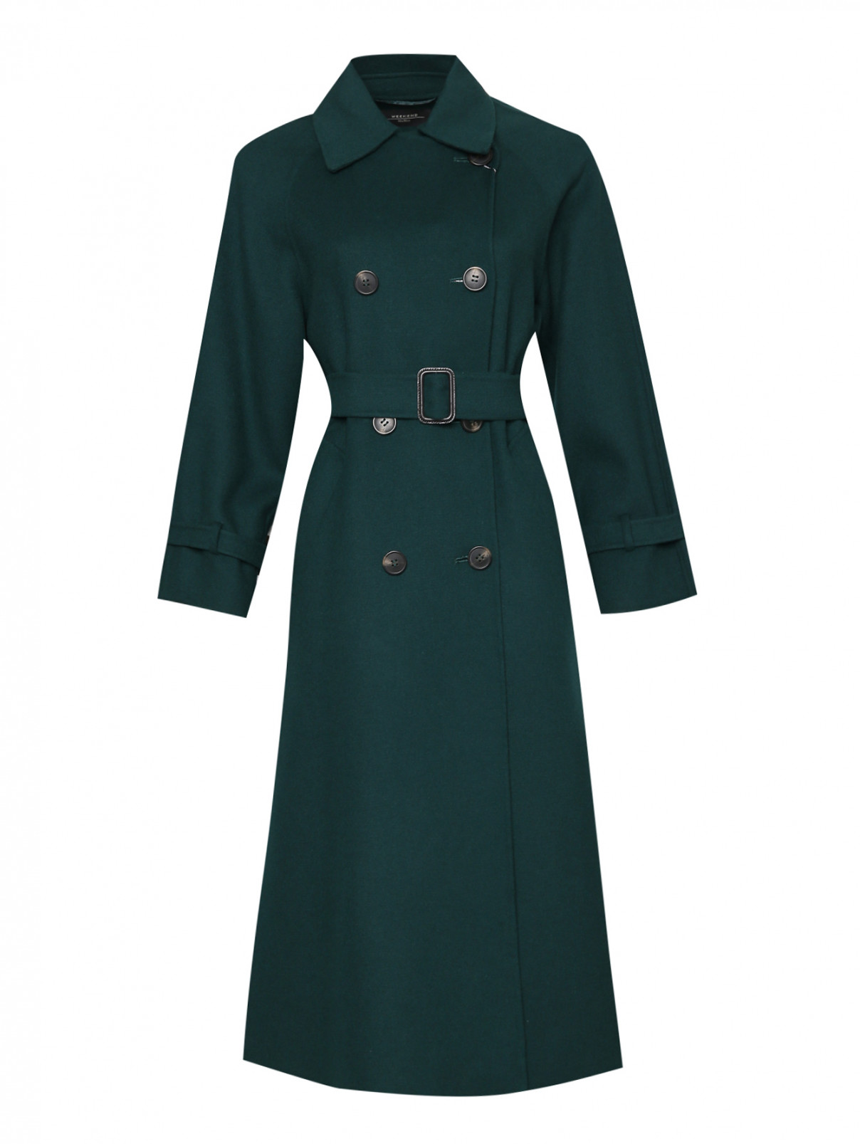 Двубортное пальто из шерсти с поясом Weekend Max Mara  –  Общий вид  – Цвет:  Зеленый