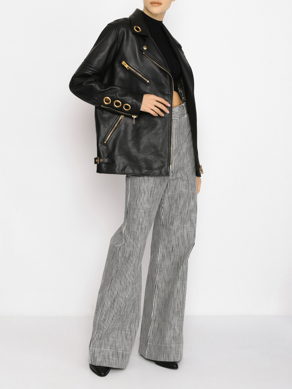 Кожаная куртка на молнии с карманами Etro  –  МодельОбщийВид  – Цвет:  Черный