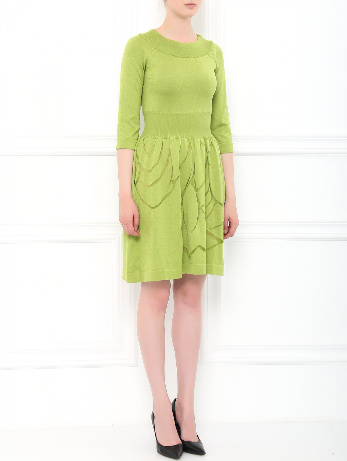 Платье из хлопка приталенное с прозрачными вставками Alberta Ferretti  –  Модель Общий вид  – Цвет:  Зеленый