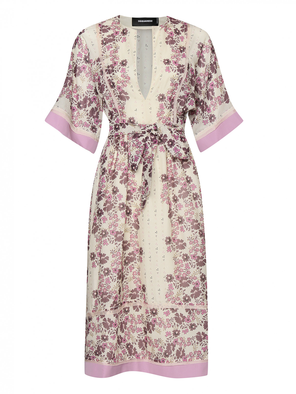 Платье из хлопка и шелка с цветочным принтом Dsquared2  –  Общий вид  – Цвет:  Бежевый