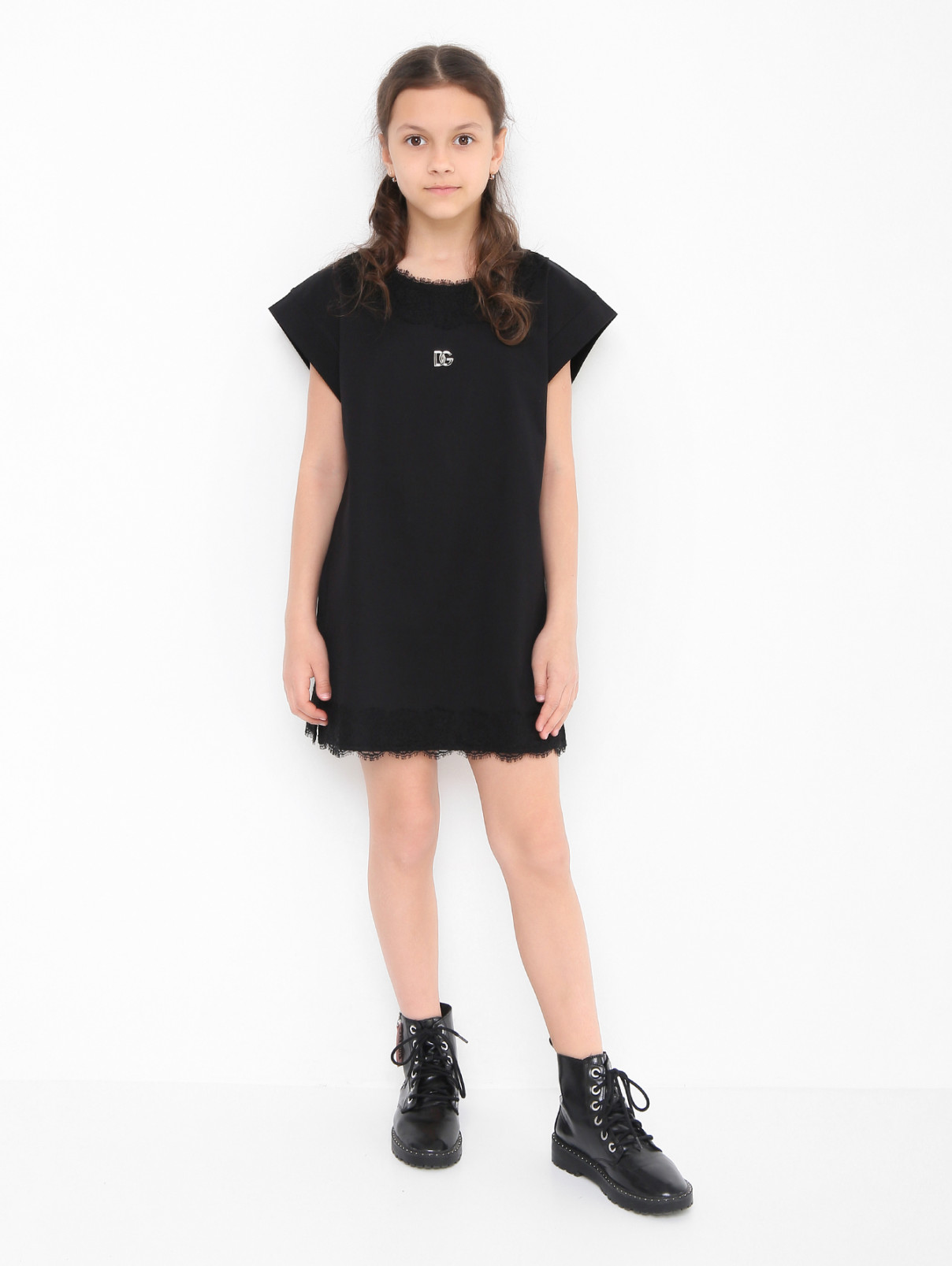 Хлопковое платье с кружевом Dolce & Gabbana  –  МодельОбщийВид  – Цвет:  Черный