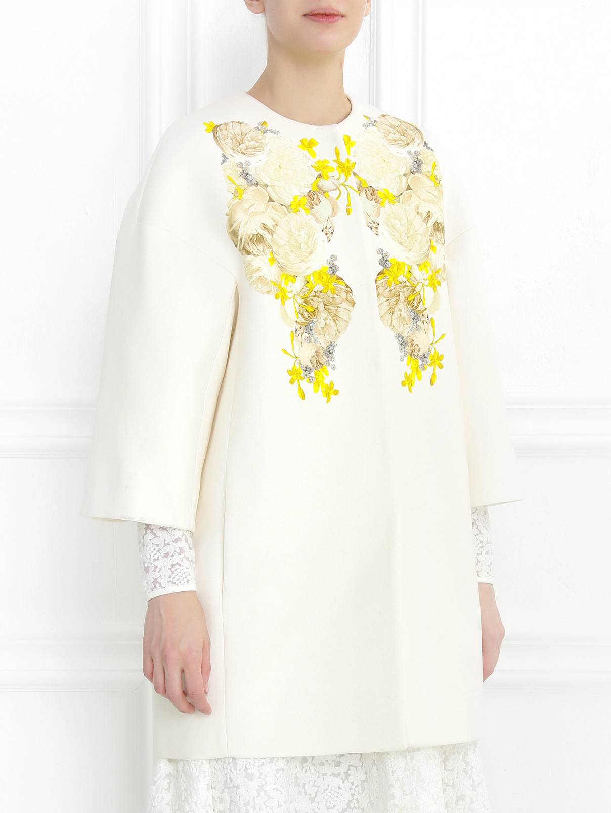 Легкое пальто из хлопка с цветочным узором Giambattista Valli  –  Модель Верх-Низ  – Цвет:  Белый