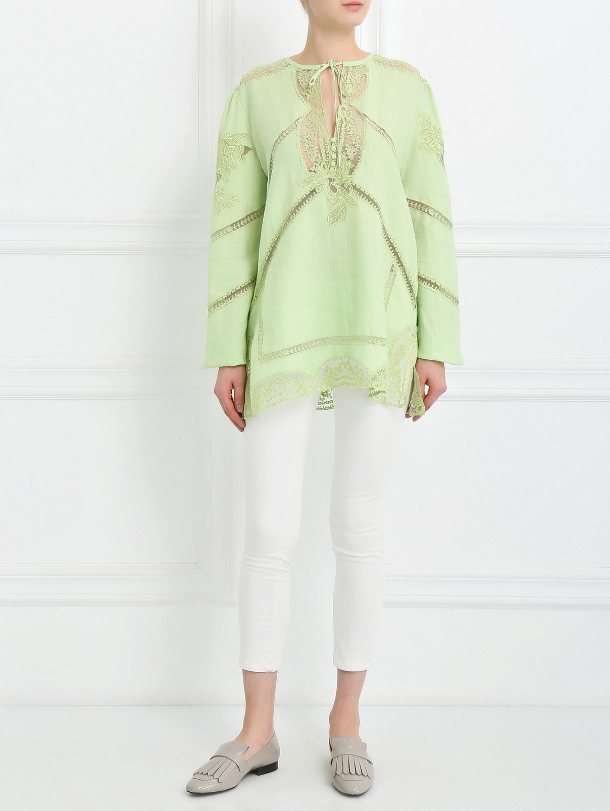 Блуза из льна с кружевными вставками Ermanno Scervino  –  Модель Общий вид  – Цвет:  Зеленый