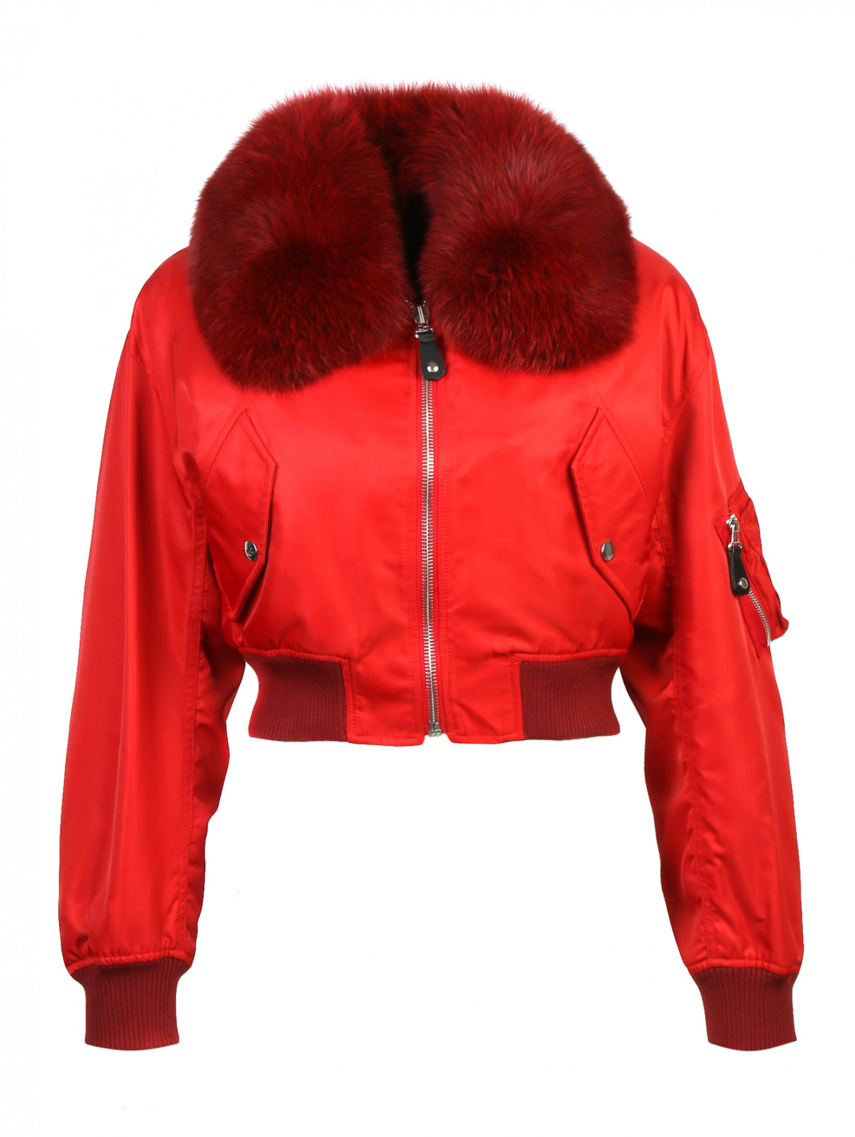 Укороченная куртка на молнии на подкладе из меха кролика с мехом лисы на воротнике Yves Salomon  –  Общий вид  – Цвет:  Красный