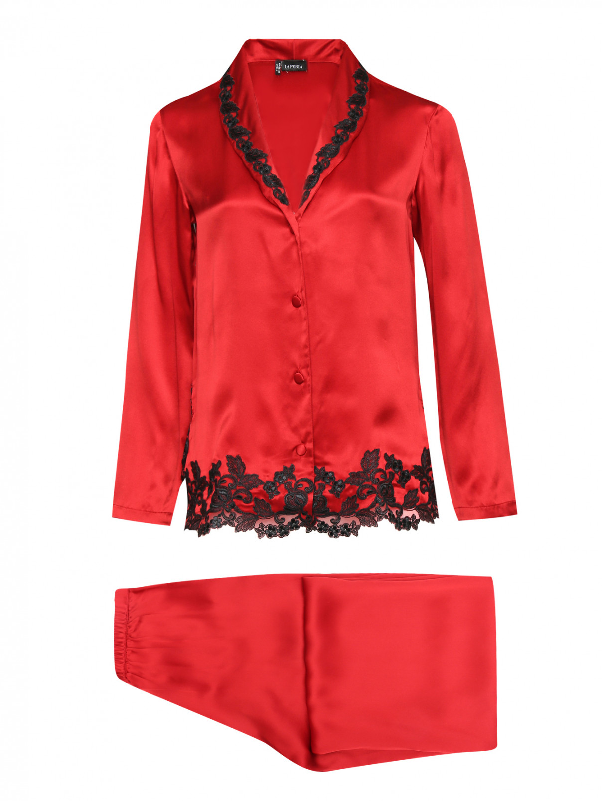 Пижама из шелка с кружевной отделкой La Perla  –  Общий вид  – Цвет:  Красный