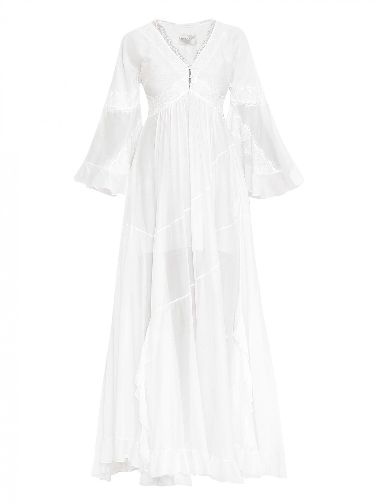Платье из хлопка и шелка с кружевной отделкой Ermanno Firenze  –  Общий вид  – Цвет:  Белый