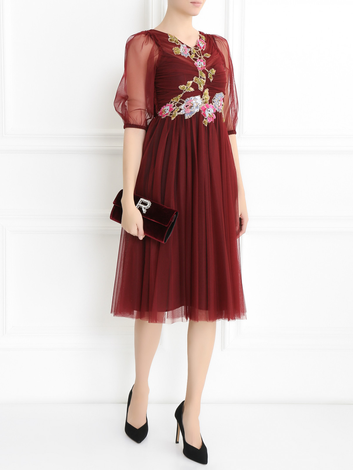 Полупрозрачное платье-миди декорированное вышивкой Antonio Marras  –  Модель Общий вид  – Цвет:  Красный