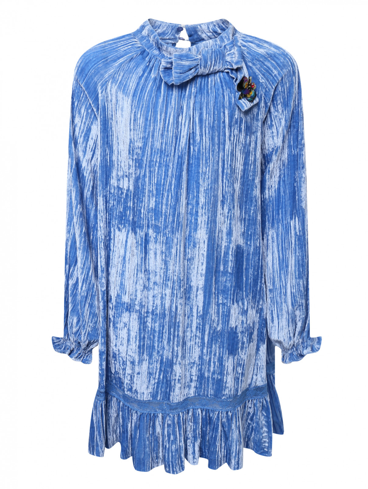 Платье гофрированное из бархата Ermanno Scervino Junior  –  Общий вид  – Цвет:  Синий