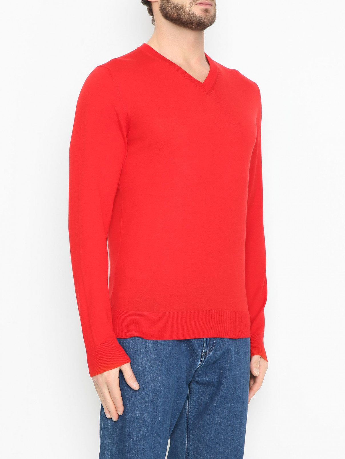 Джемпер из шерсти и шелка с V-образным вырезом Piacenza Cashmere  –  МодельВерхНиз  – Цвет:  Красный