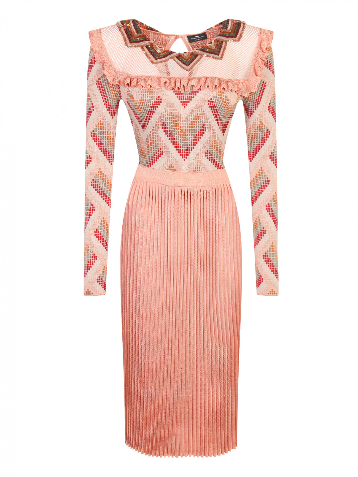Платье-миди с узором и декоративным воротником, декорированный пайетками Elisabetta Franchi  –  Общий вид  – Цвет:  Розовый