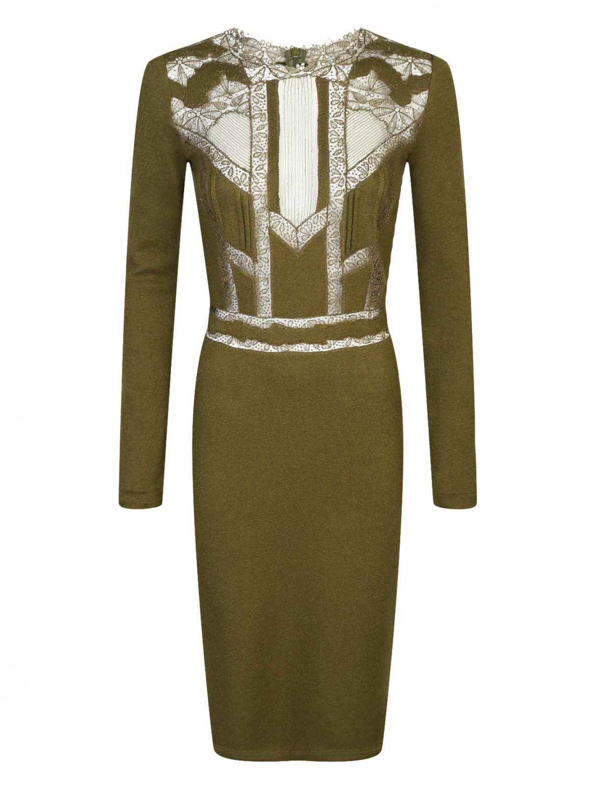 Платье-футляр из шерсти и шелка с кружевной отделкой Ermanno Scervino  –  Общий вид  – Цвет:  Зеленый