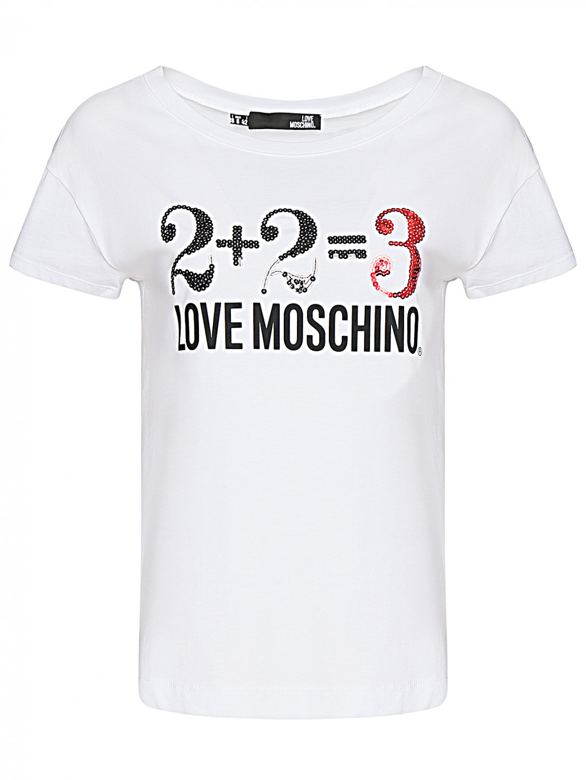 Футболка из хлопка с принтом и аппликацией Love Moschino  –  Общий вид  – Цвет:  Белый