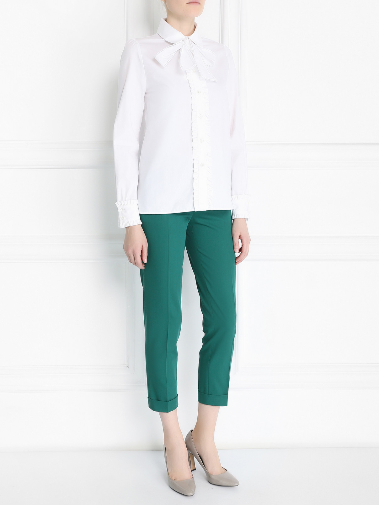 Блуза из хлопка с жабо и бантом Isola Marras  –  Модель Общий вид  – Цвет:  Белый