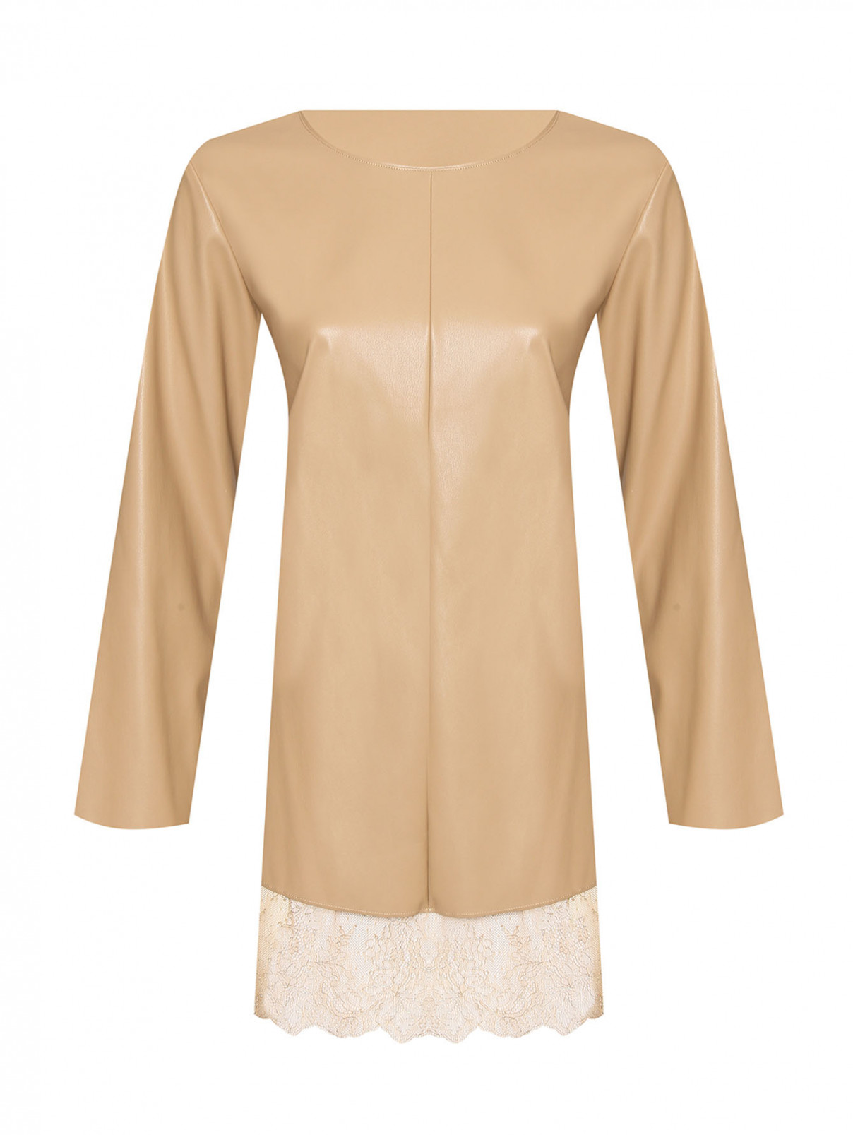 Блуза из эко-кожи с кружевной отделкой Marina Rinaldi  –  Общий вид  – Цвет:  Бежевый